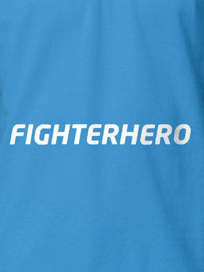 Close up of 'Fighterhero' design on Women's Blue Polo T-shirt, highlighting intricate details and vibrant print.