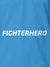 Close up of 'Fighterhero' design on Women's Blue Polo T-shirt, highlighting intricate details and vibrant print.
