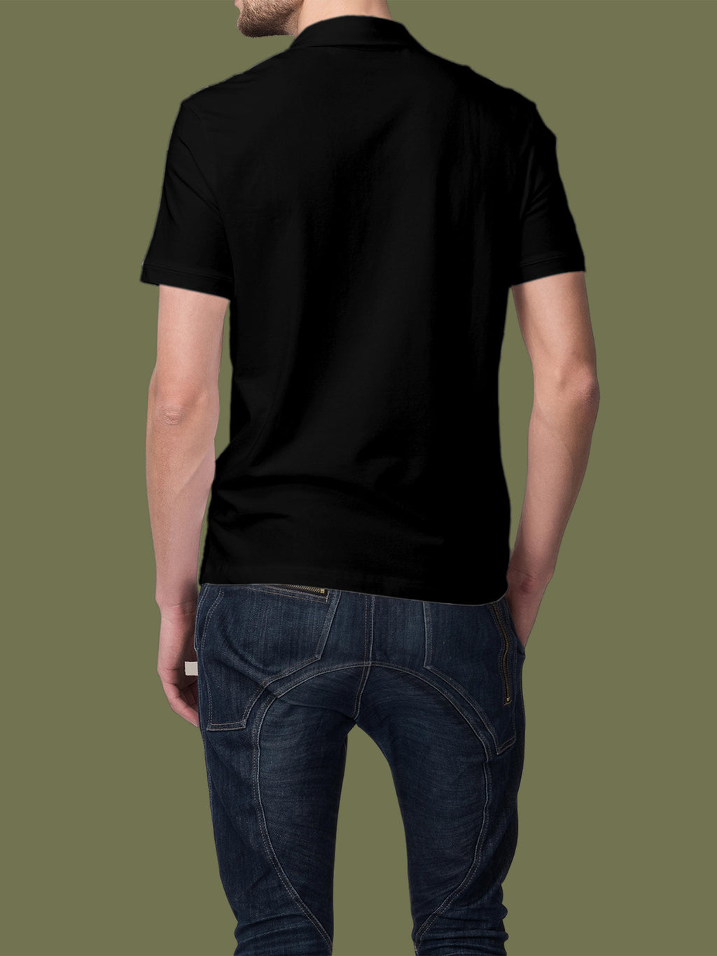 Back view of Fighterhero Men's Black Polo T-shirt, highlighting the modern look and clean finish