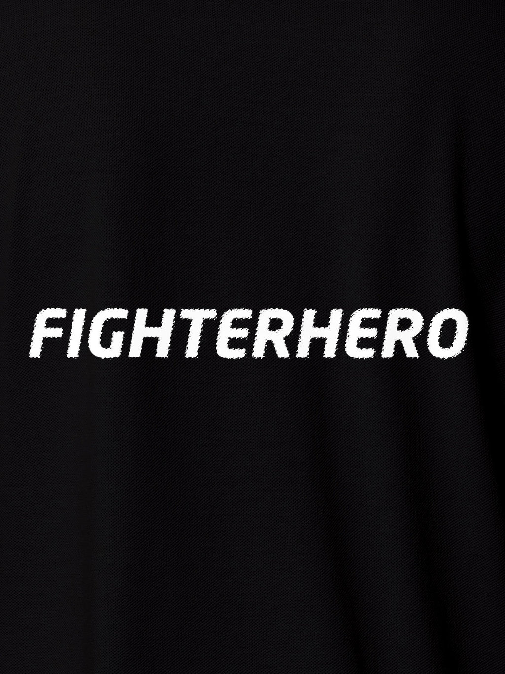 Close up of 'Fighterhero' design on Men's Black Polo T-shirt, highlighting intricate details and vibrant print.