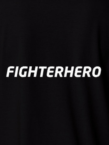 Close up of 'Fighterhero' design on Men's Black Polo T-shirt, highlighting intricate details and vibrant print.