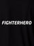 Close up of 'Fighterhero' design on Men's Black Polo T-shirt, highlighting intricate details and vibrant print.