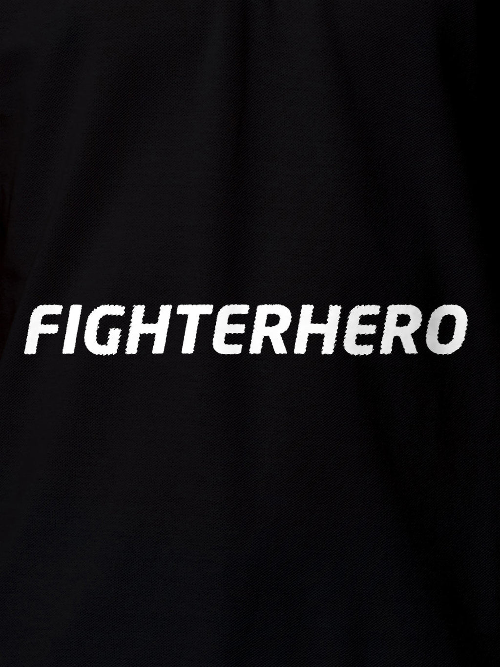 Close up of 'Fighterhero' design on Women's Black Polo T-shirt, highlighting intricate details and vibrant print.