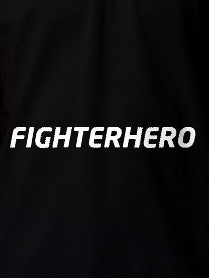 Close up of 'Fighterhero' design on Women's Black Polo T-shirt, highlighting intricate details and vibrant print.