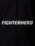 Close up of 'Fighterhero' design on Women's Black Polo T-shirt, highlighting intricate details and vibrant print.