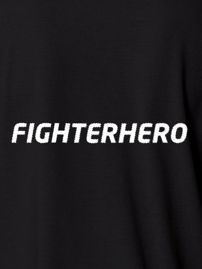 Close up of 'Fighterhero' design on Men's Dark Grey Polo T-shirt, highlighting intricate details and vibrant print.