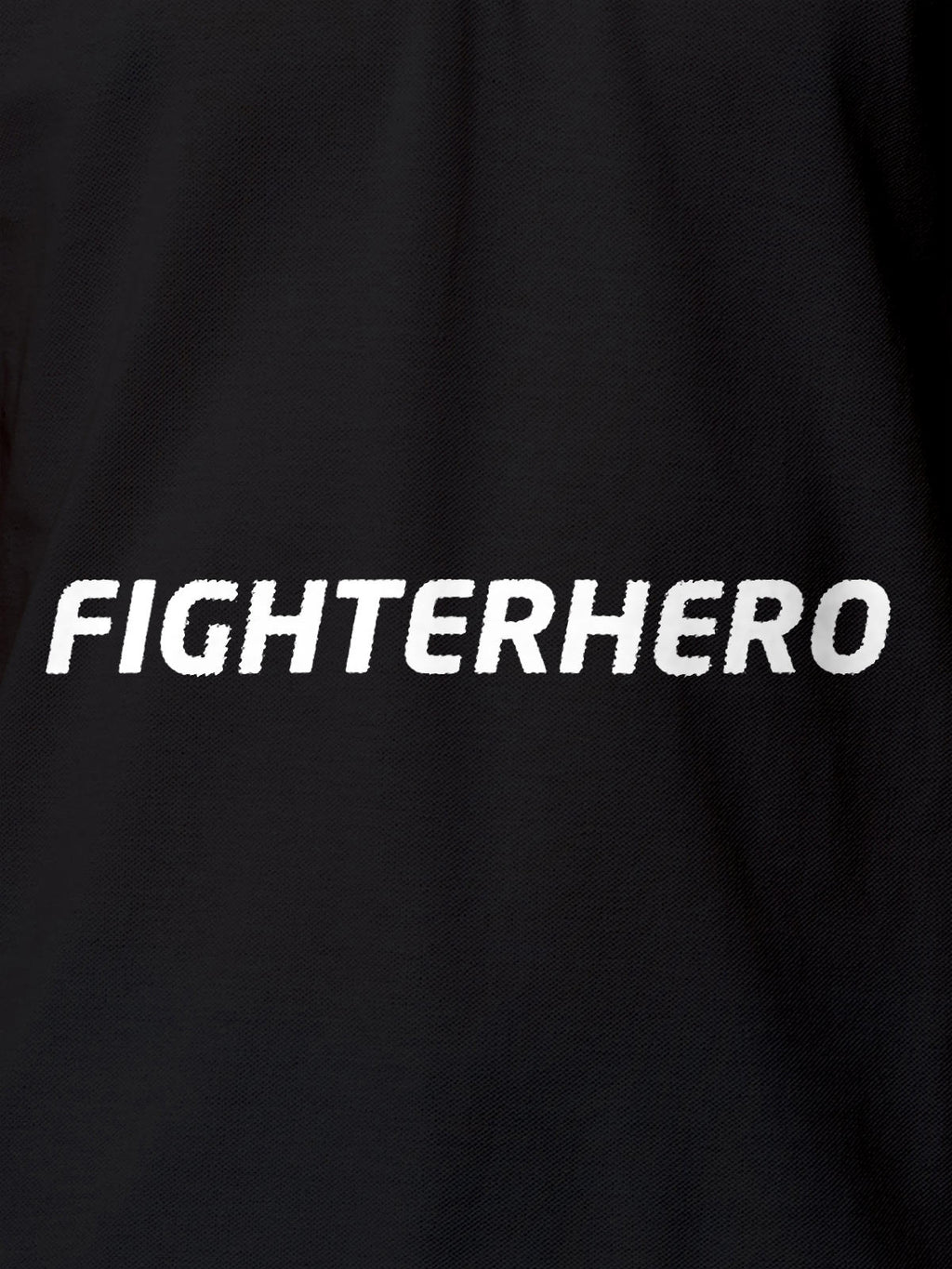 Close up of 'Fighterhero' design on Women's Dark Grey Polo T-shirt, highlighting intricate details and vibrant print.