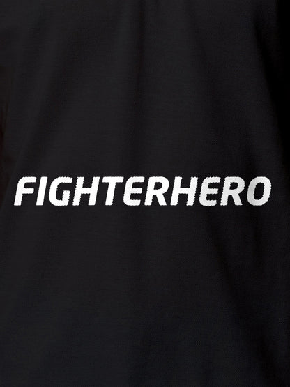 Close up of 'Fighterhero' design on Women's Dark Grey Polo T-shirt, highlighting intricate details and vibrant print.