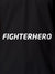 Close up of 'Fighterhero' design on Women's Dark Grey Polo T-shirt, highlighting intricate details and vibrant print.
