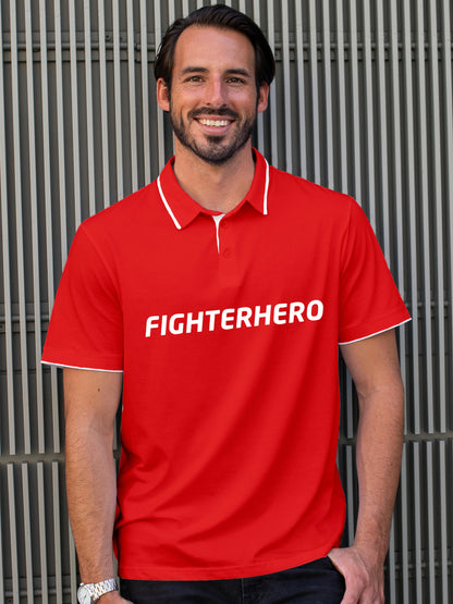 Model wearing Men's Red Polo T-shirt with 'Fighterhero' design, offering effortless style and premium comfort