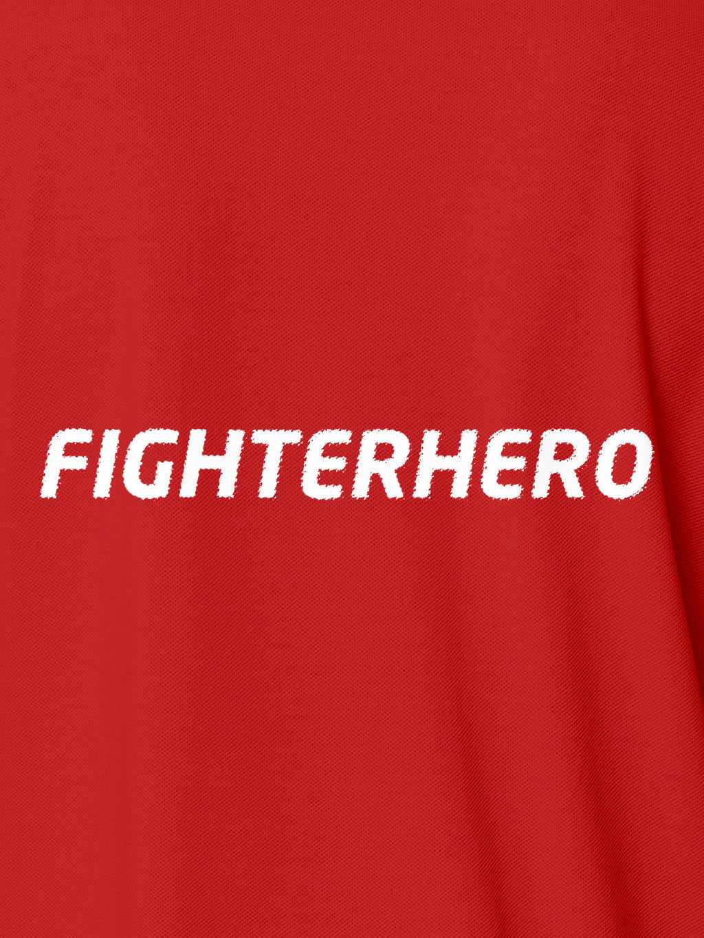 Close up of 'Fighterhero' design on Men's Red Polo T-shirt, highlighting intricate details and vibrant print.