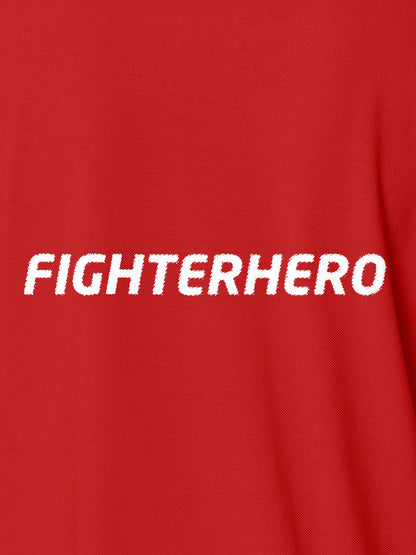 Close up of 'Fighterhero' design on Men's Red Polo T-shirt, highlighting intricate details and vibrant print.