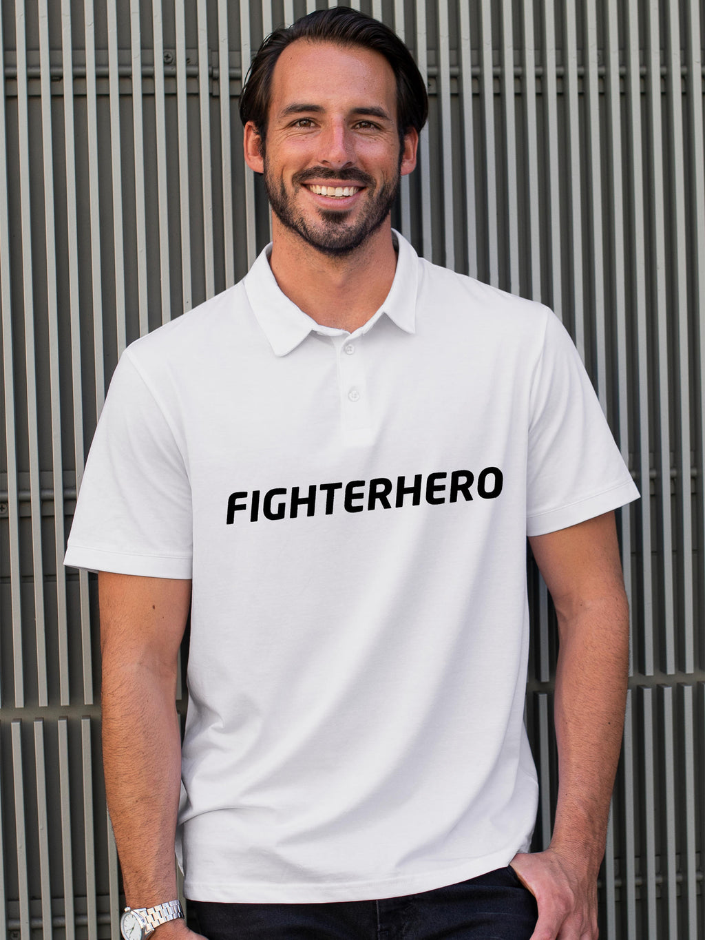 Model wearing Men's White Polo T-shirt with 'Fighterhero' design, offering effortless style and premium comfort