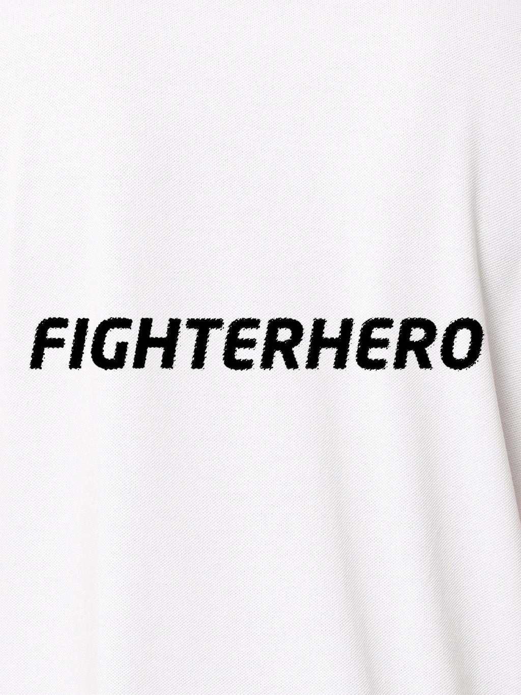 Close up of 'Fighterhero' design on Men's White Polo T-shirt, highlighting intricate details and vibrant print.