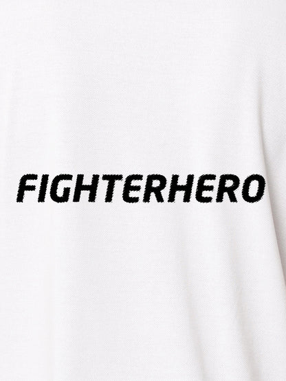 Close up of 'Fighterhero' design on Men's White Polo T-shirt, highlighting intricate details and vibrant print.