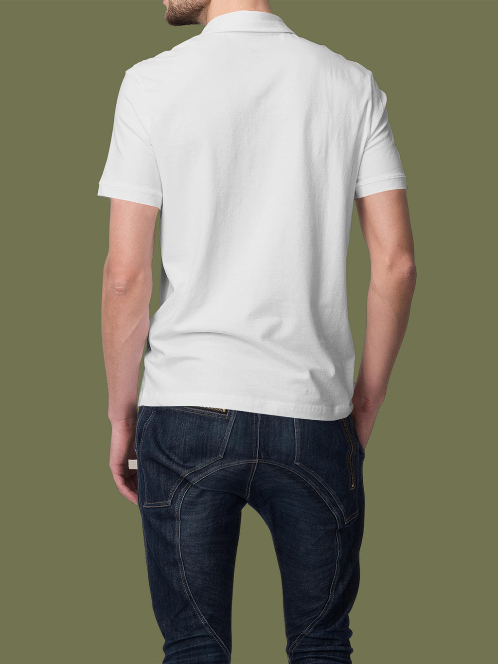 Back view of Fighterhero Men's White Polo T-shirt, highlighting the modern look and clean finish