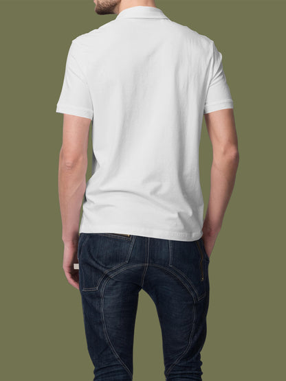 Back view of Fighterhero Men's White Polo T-shirt, highlighting the modern look and clean finish