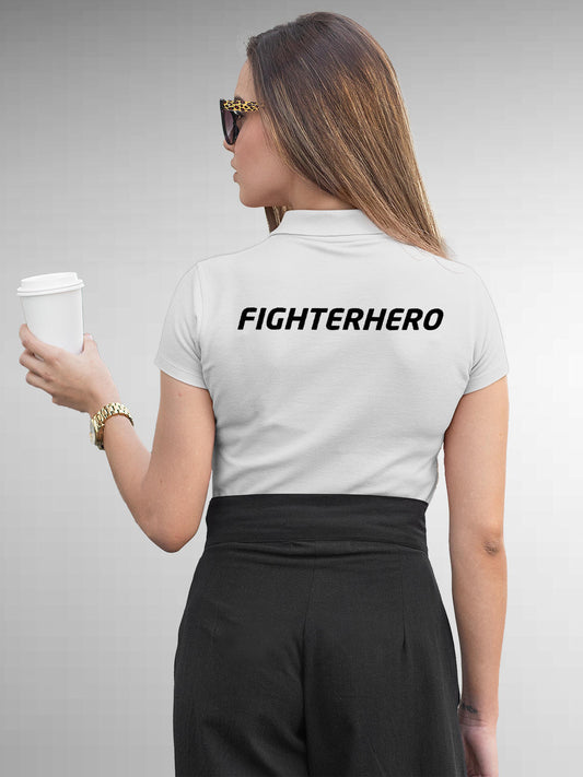 Model wearing Women's White Polo T-shirt with 'Fighterhero' design, offering effortless style and premium comfort