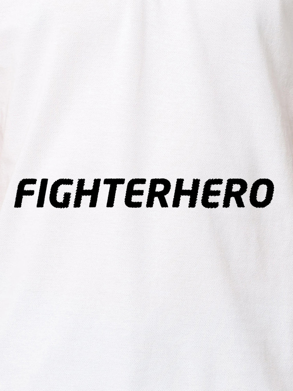 Close up of 'Fighterhero' design on Women's White Polo T-shirt, highlighting intricate details and vibrant print.