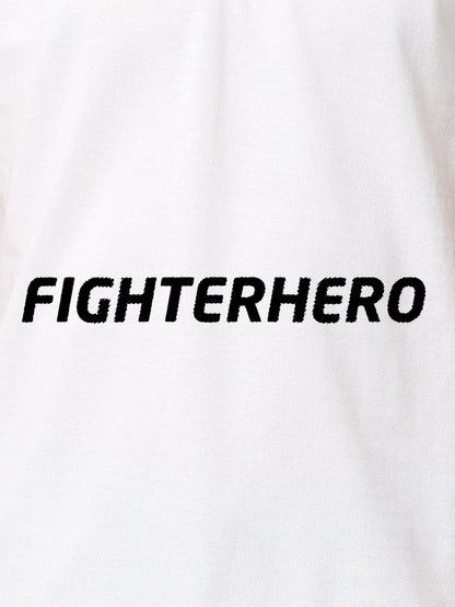 Close up of 'Fighterhero' design on Women's White Polo T-shirt, highlighting intricate details and vibrant print.