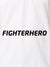 Close up of 'Fighterhero' design on Women's White Polo T-shirt, highlighting intricate details and vibrant print.