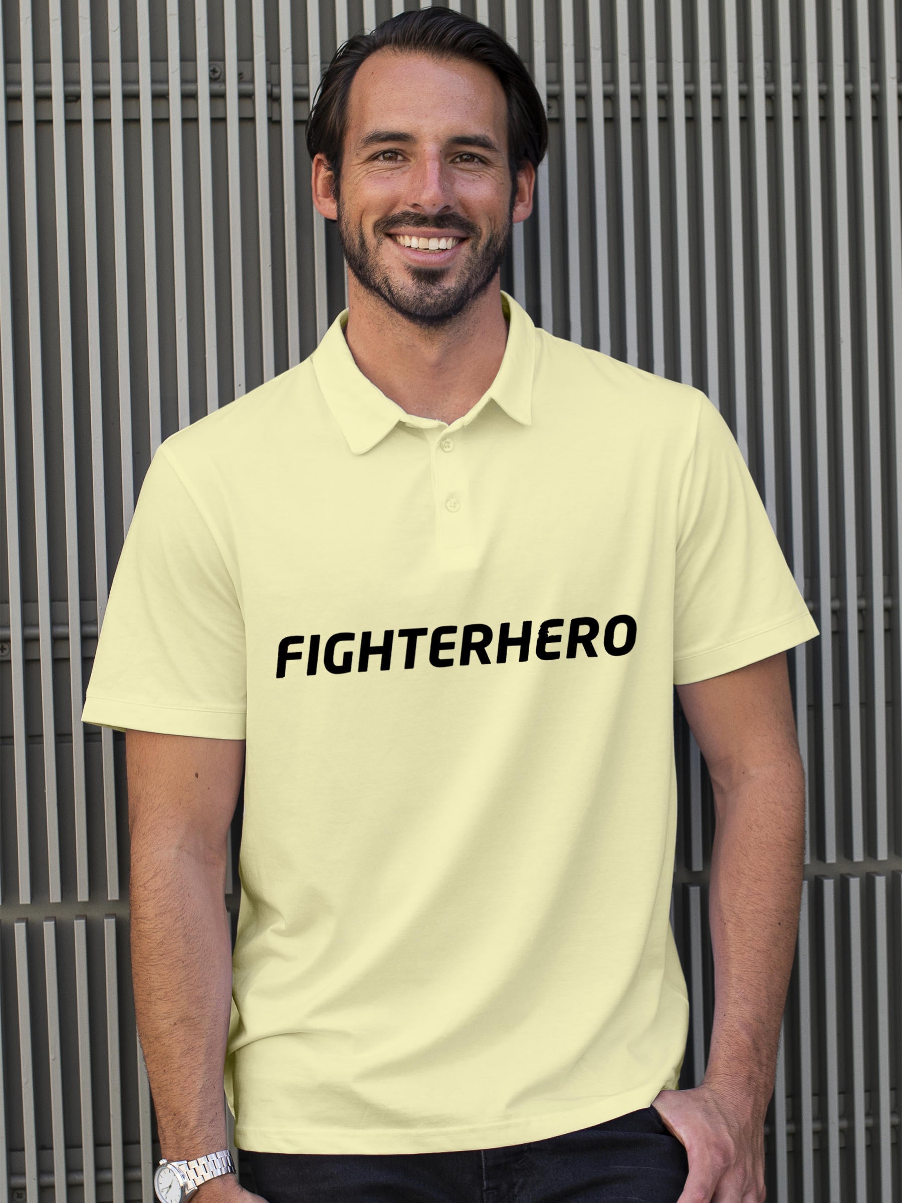 Model wearing Men's Yellow Polo T-shirt with 'Fighterhero' design, offering effortless style and premium comfort