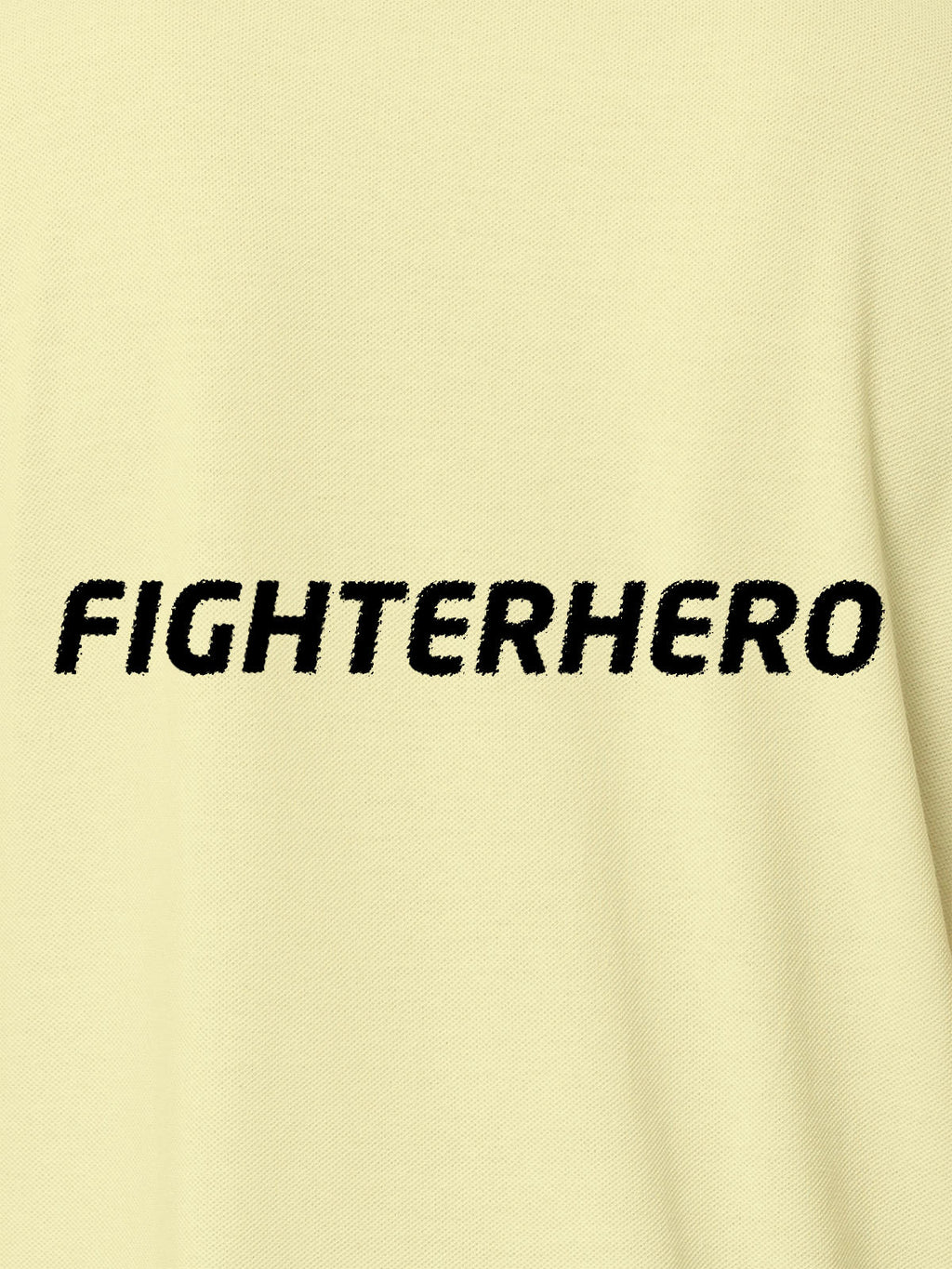 Close up of 'Fighterhero' design on Men's Yellow Polo T-shirt, highlighting intricate details and vibrant print.