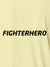 Close up of 'Fighterhero' design on Men's Yellow Polo T-shirt, highlighting intricate details and vibrant print.