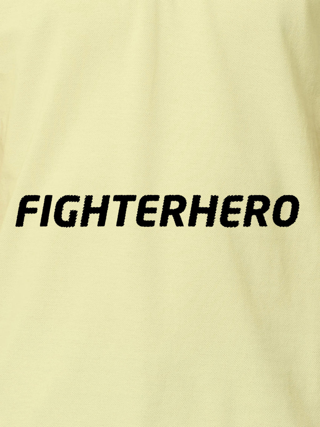 Close up of 'Fighterhero' design on Women's Yellow Polo T-shirt, highlighting intricate details and vibrant print.
