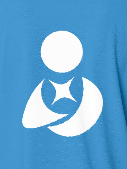 Close up of 'Fighterhero Logo' on Women's Blue Polo T-shirt, highlighting intricate details and vibrant print.