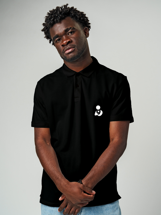 Model wearing Men's Black Polo T-shirt with Fighterhero Logo, offering effortless style and premium comfort