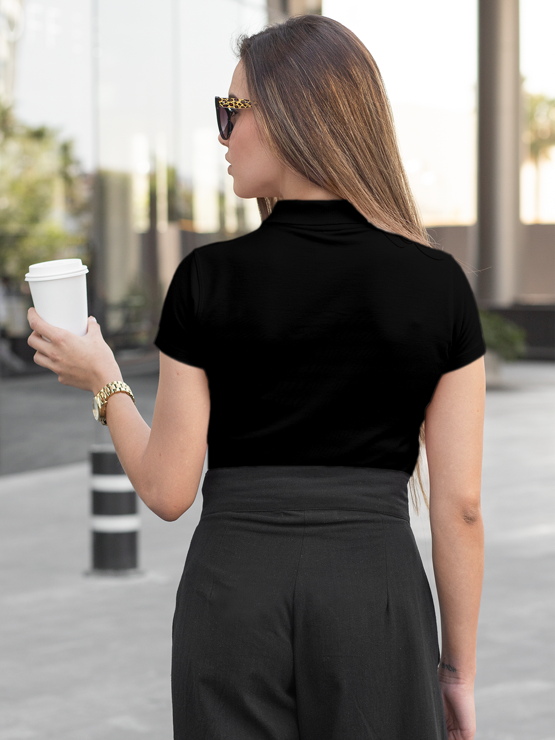 Back view of Fighterhero Women's Black Polo T-shirt, highlighting the modern look and clean finish
