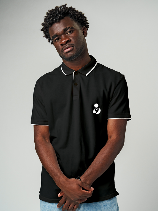 Model wearing Men's Charcoal Grey Polo T-shirt with Fighterhero Logo, offering effortless style and premium comfort