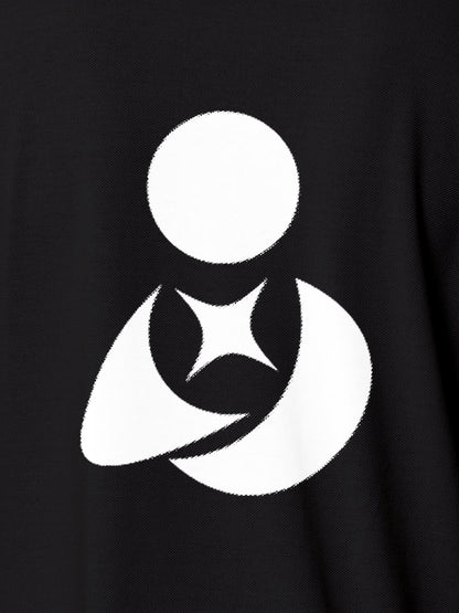 Close up of 'Fighterhero Logo' on Women's Dark Grey Polo T-shirt, highlighting intricate details and vibrant print.