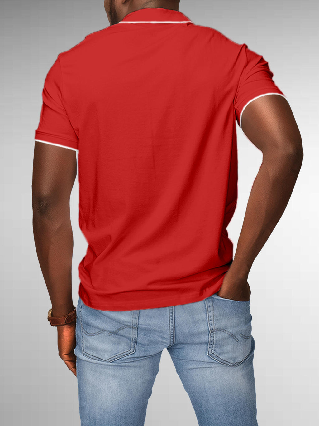 Back view of Fighterhero Men's Red Polo T-shirt, highlighting the modern look and clean finish