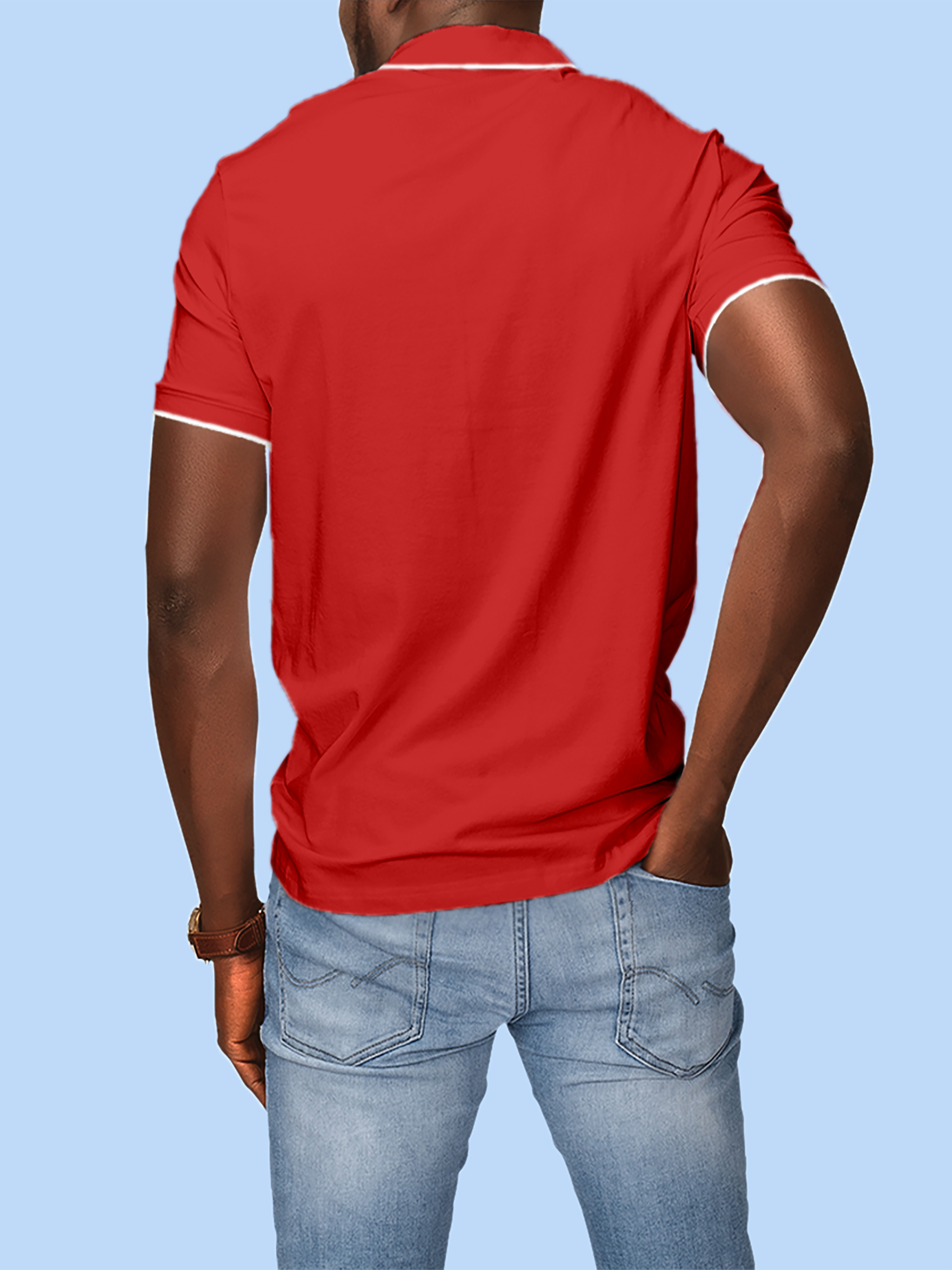 Back view of Fighterhero Men's Red Polo T-shirt, highlighting the modern look and clean finish