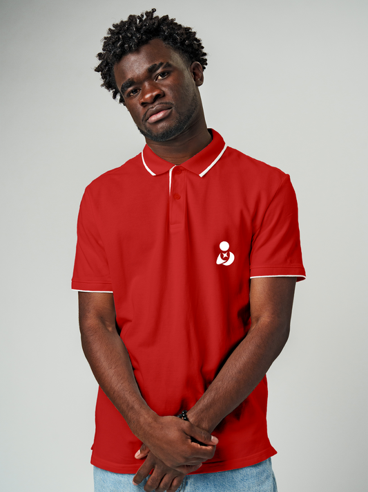 Model wearing Men's Red Polo T-shirt with Fighterhero Logo, offering effortless style and premium comfort