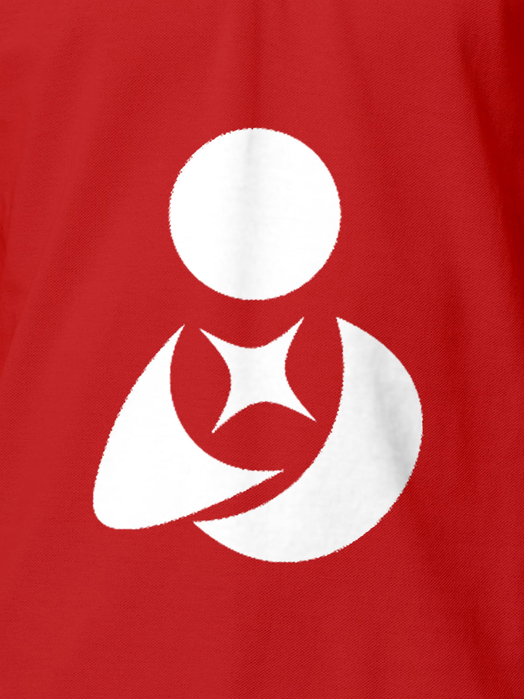 Close up of 'Fighterhero Logo' on Men's Red Polo T-shirt, highlighting intricate details and vibrant print.