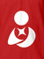 Close up of 'Fighterhero Logo' on Men's Red Polo T-shirt, highlighting intricate details and vibrant print.