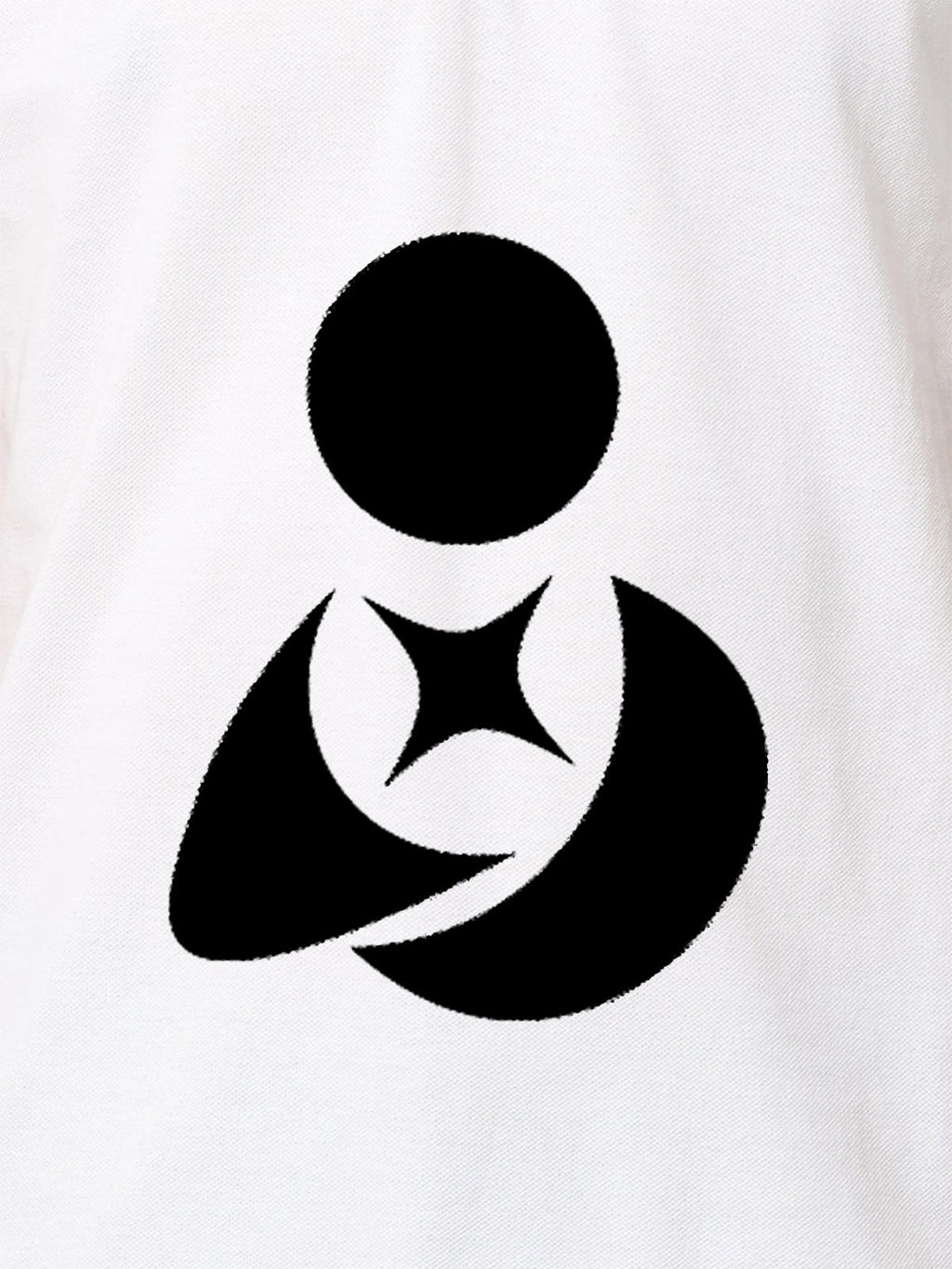 Close up of 'Fighterhero Logo' on Men's White Polo T-shirt, highlighting intricate details and vibrant print.