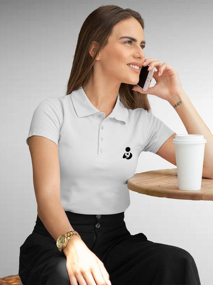 Model wearing Women's White Polo T-shirt with Fighterhero Logo, offering effortless style and premium comfort