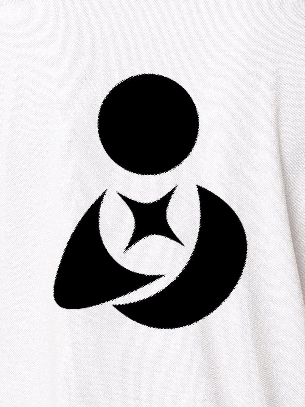 Close up of 'Fighterhero Logo' on Women's White Polo T-shirt, highlighting intricate details and vibrant print.