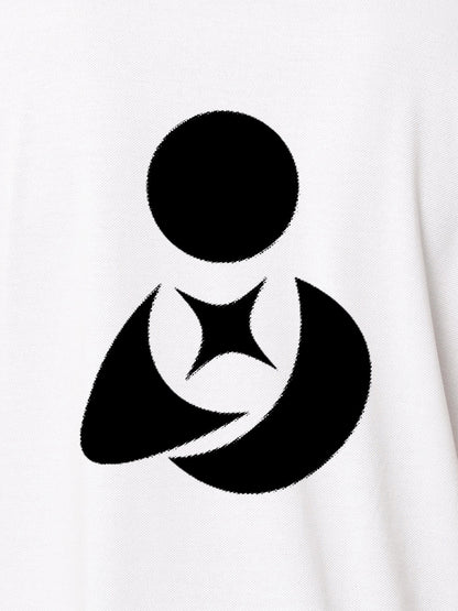 Close up of 'Fighterhero Logo' on Women's White Polo T-shirt, highlighting intricate details and vibrant print.