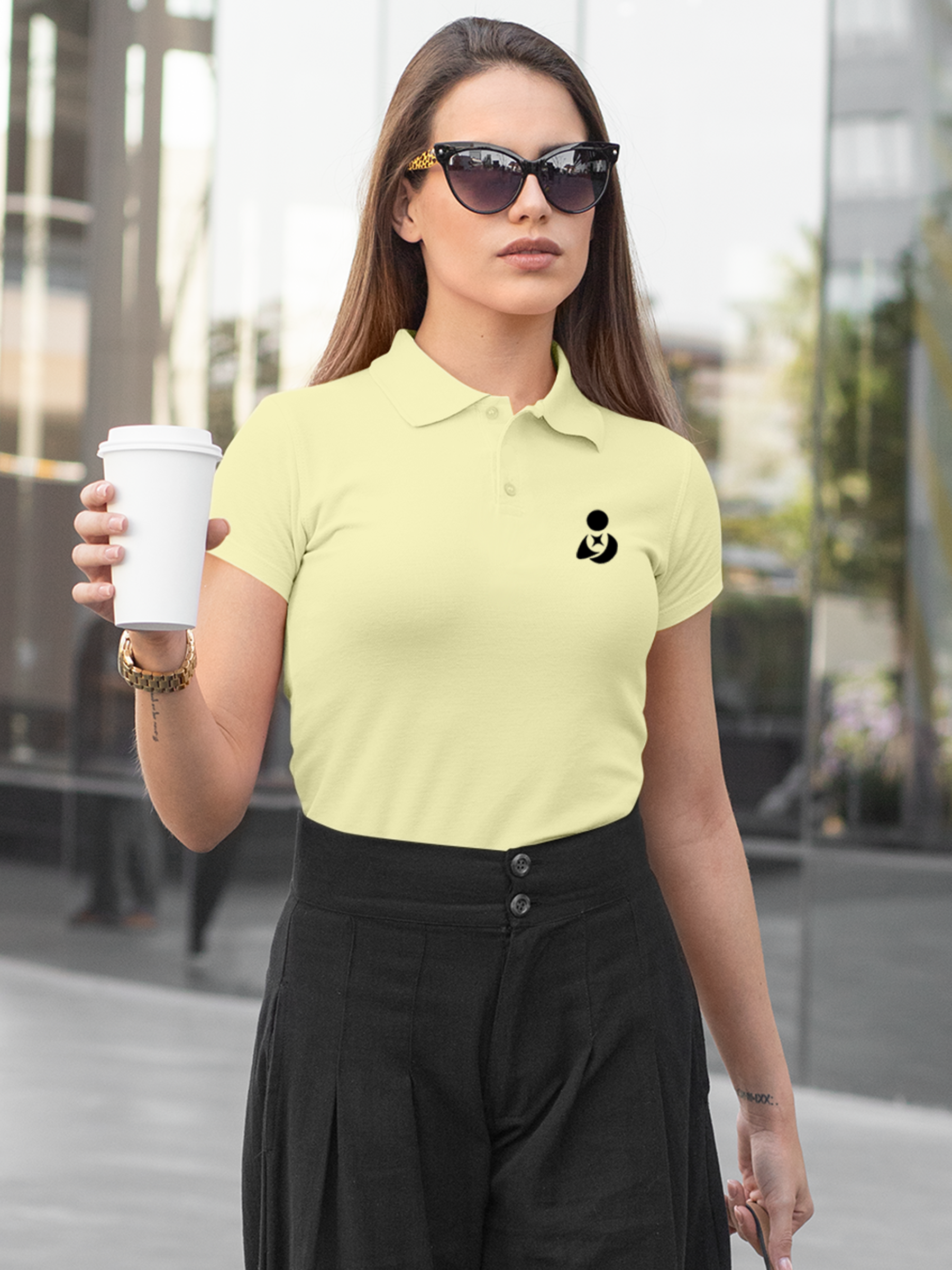Model wearing Women's Yellow Polo T-shirt with Fighterhero Logo, offering effortless style and premium comfort