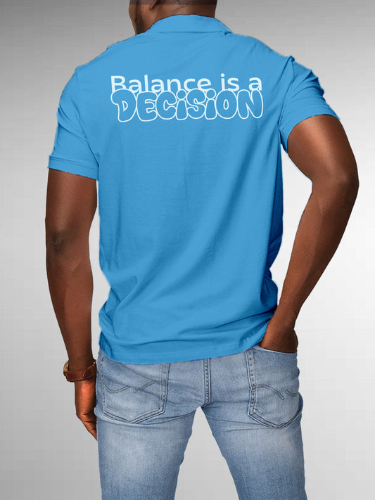 Model wearing Men's Blue Collar T-shirt with the text 'Balance is a decision' printed at the back.