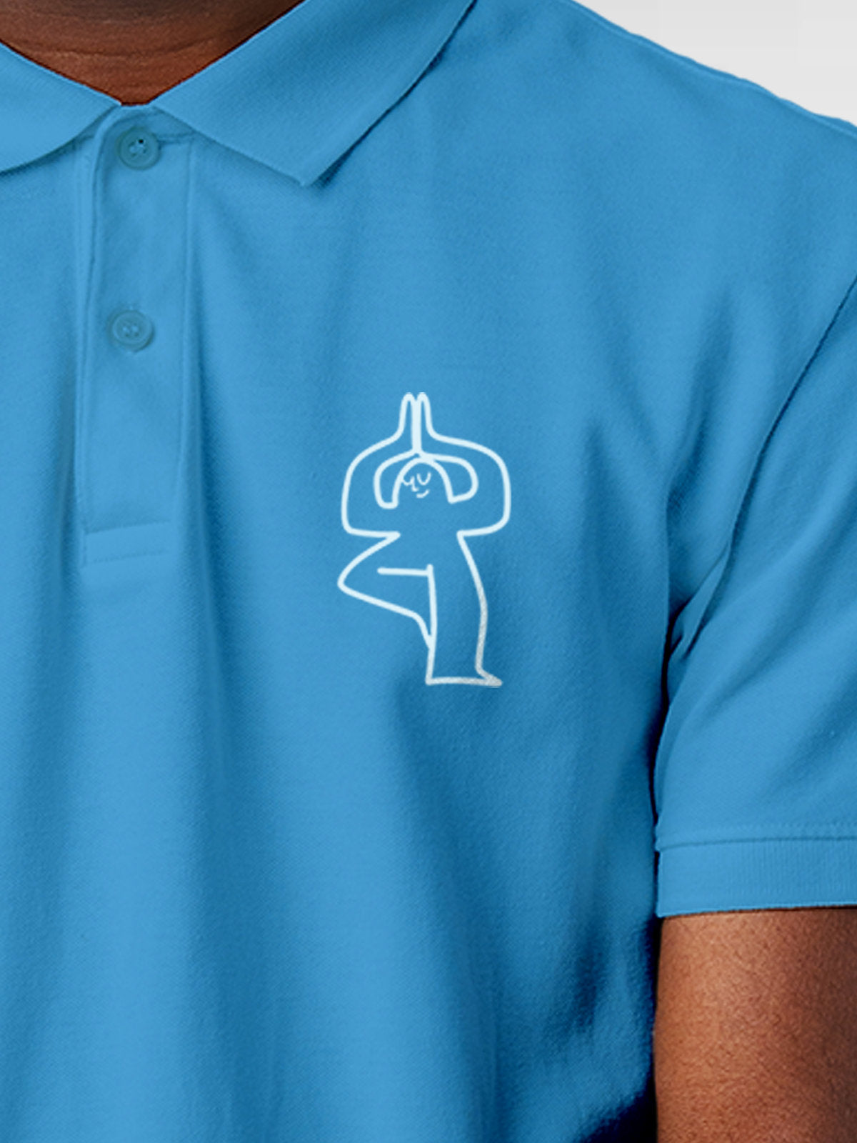 Close up of 'Balance Is A Decision' design on Men's Blue Collar T-shirt, highlighting intricate details and vibrant print.