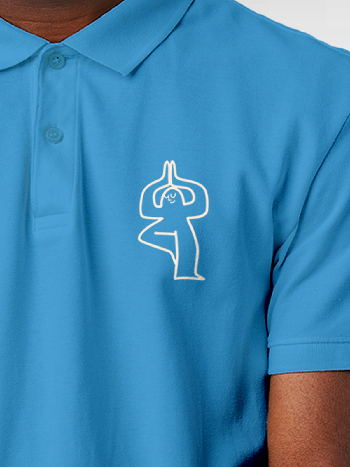 Close up of 'Balance Is A Decision' design on Men's Blue Collar T-shirt, highlighting intricate details and vibrant print.