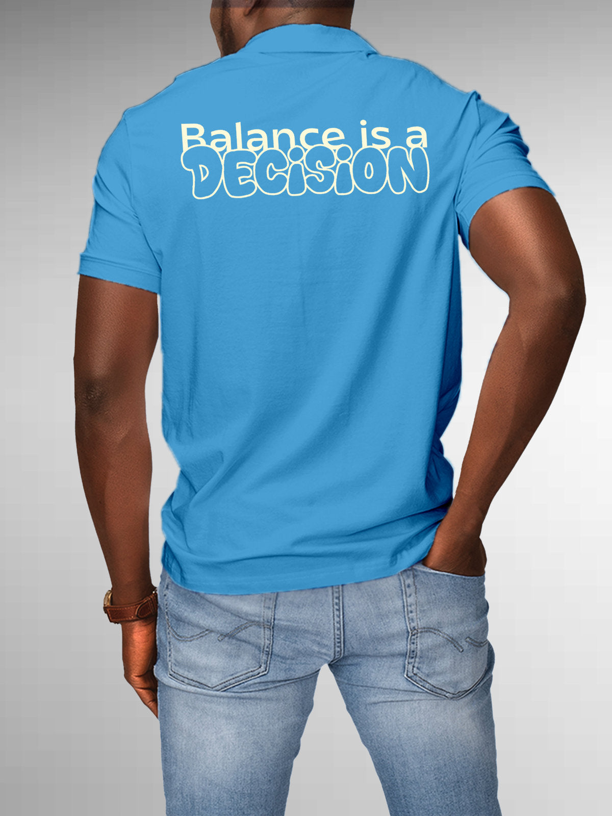 Model wearing Men's Blue Collar T-shirt with the text 'Balance is a decision' printed at the back.