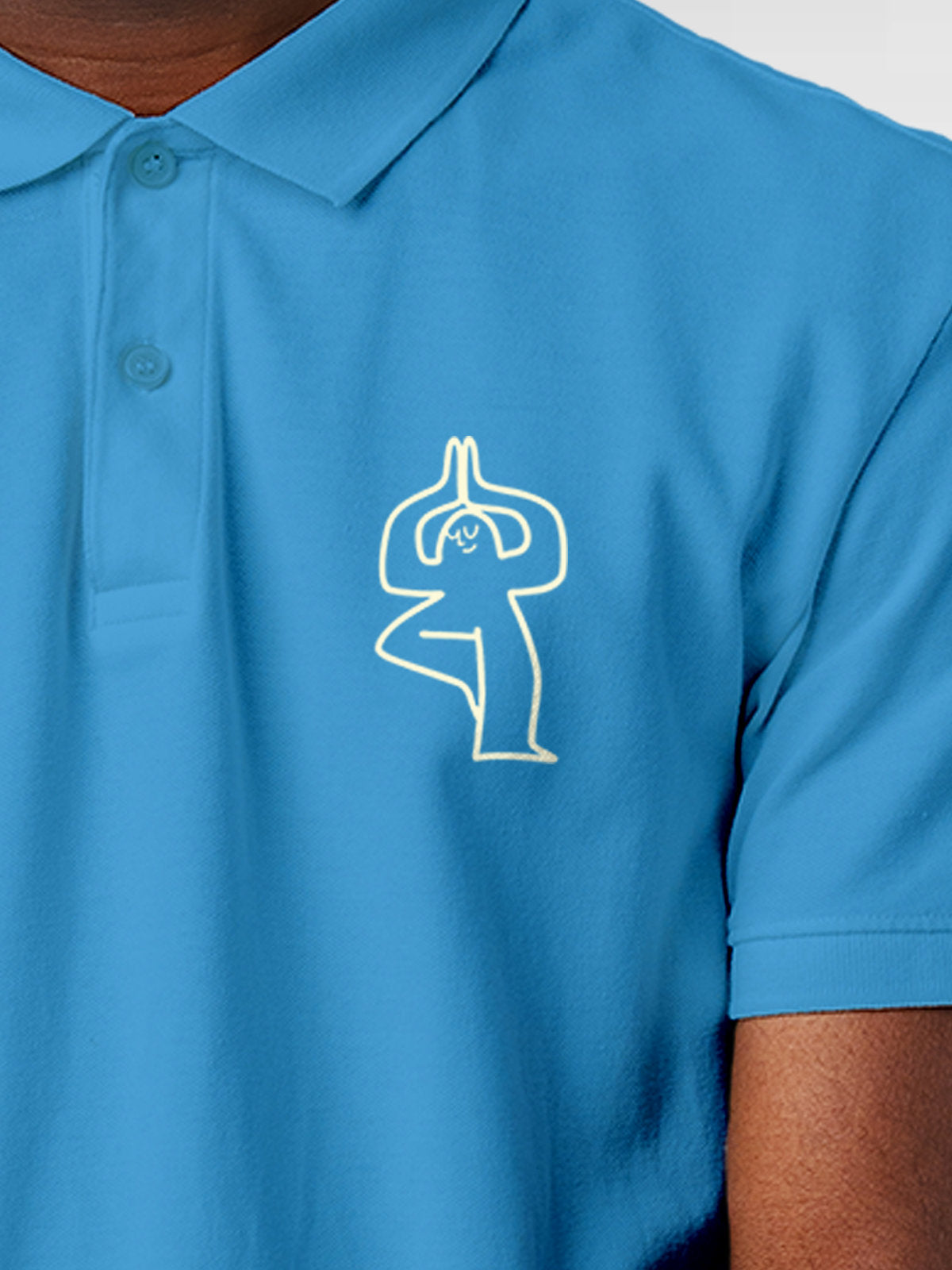 Close up of 'Balance Is A Decision' design on Men's Blue Collar T-shirt, highlighting intricate details and vibrant print.