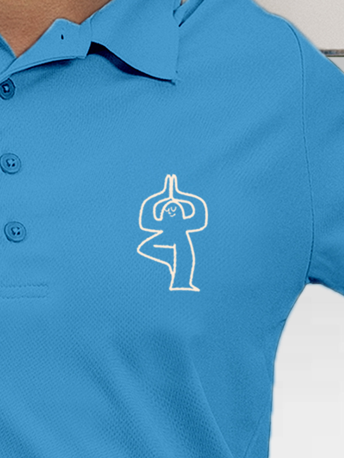Close up of 'Balance Is A Decision' design on Women's Blue Collar T-shirt, highlighting intricate details and vibrant print.